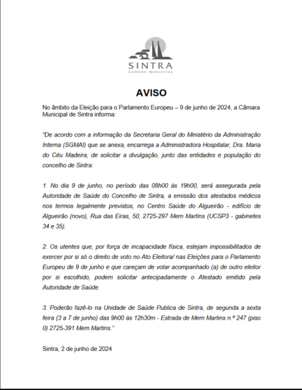 AVISO – Eleição para o Parlamento Europeu