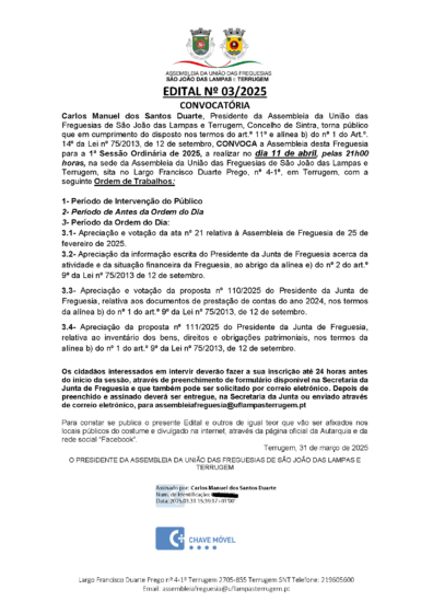 Assembleia de Freguesia – 1ª Sessão Ordinária